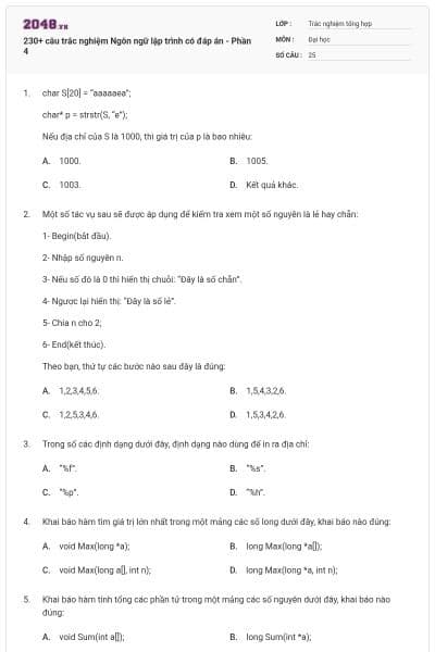 230+ câu trắc nghiệm Ngôn ngữ lập trình có đáp án - Phần 4