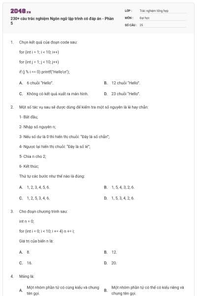 230+ câu trắc nghiệm Ngôn ngữ lập trình có đáp án - Phần 5