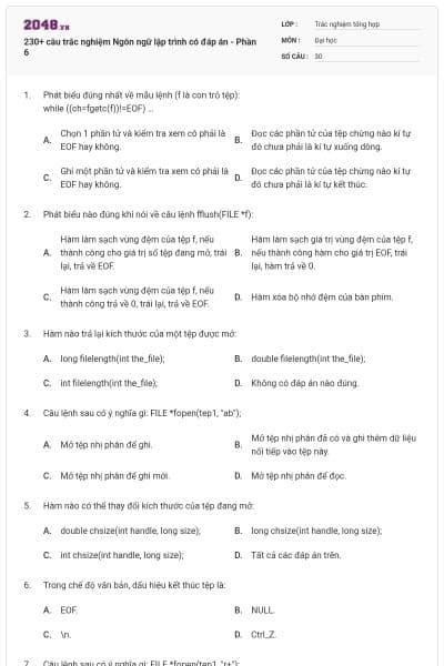 230+ câu trắc nghiệm Ngôn ngữ lập trình có đáp án - Phần 6