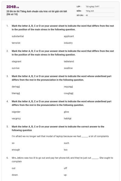 20 Đề ôn thi Tiếng Anh chuẩn cấu trúc có lời giải chi tiết (Đề số 16)