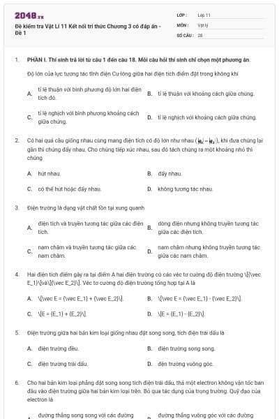 Đề kiểm tra Vật Lí 11 Kết nối tri thức Chương 3 có đáp án - Đề 1