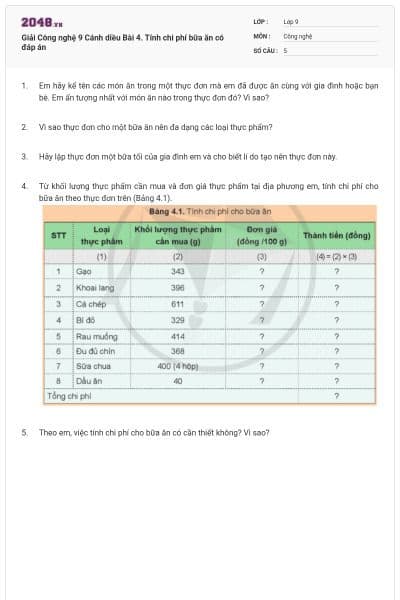 Giải Công nghệ 9 Cánh diều Bài 4. Tính chi phí bữa ăn có đáp án