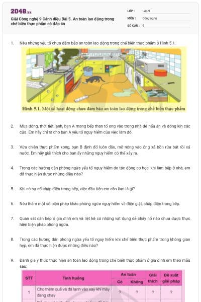 Giải Công nghệ 9 Cánh diều Bài 5. An toàn lao động trong chế biến thực phẩm có đáp án