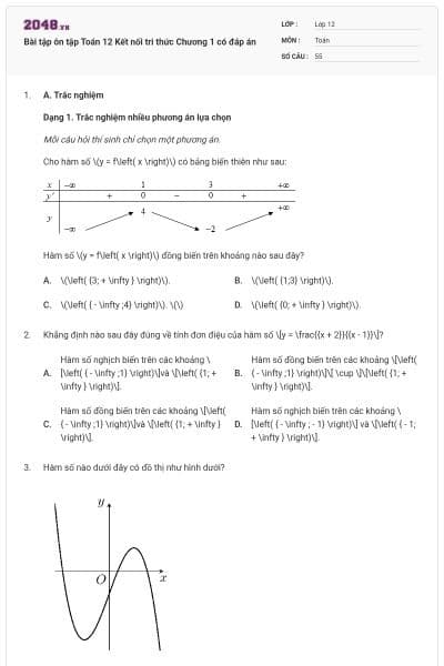 Bài tập ôn tập Toán 12 Kết nối tri thức Chương 1 có đáp án