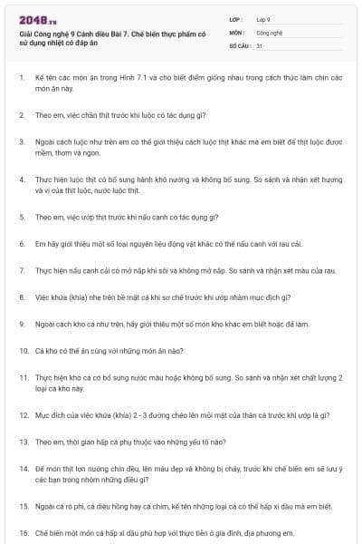 Giải Công nghệ 9 Cánh diều Bài 7. Chế biến thực phẩm có sử dụng nhiệt có đáp án