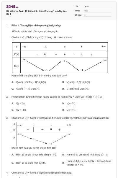 Đề kiểm tra Toán 12 Kết nối tri thức Chương 1 có đáp án - Đề 1
