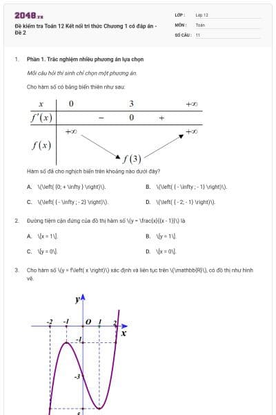 Đề kiểm tra Toán 12 Kết nối tri thức Chương 1 có đáp án - Đề 2