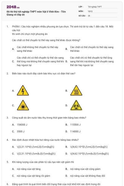 Đề thi thử tốt nghiệp THPT môn Vật lí Vĩnh Kim - Tiền Giang có đáp án