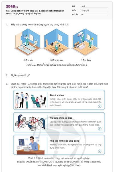 Giải Công nghệ 9 Cánh diều Bài 1. Ngành nghề trong lĩnh vực kĩ thuật, công nghệ có đáp án
