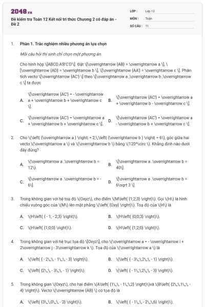 Đề kiểm tra Toán 12 Kết nối tri thức Chương 2 có đáp án - Đề 2
