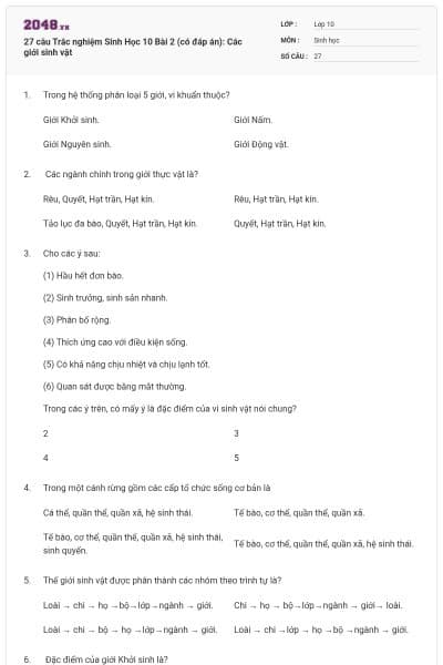 27 câu Trắc nghiệm Sinh Học 10 Bài 2 (có đáp án): Các giới sinh vật