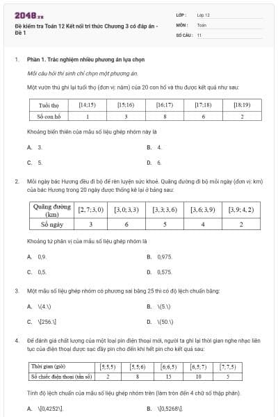 Đề kiểm tra Toán 12 Kết nối tri thức Chương 3 có đáp án - Đề 1