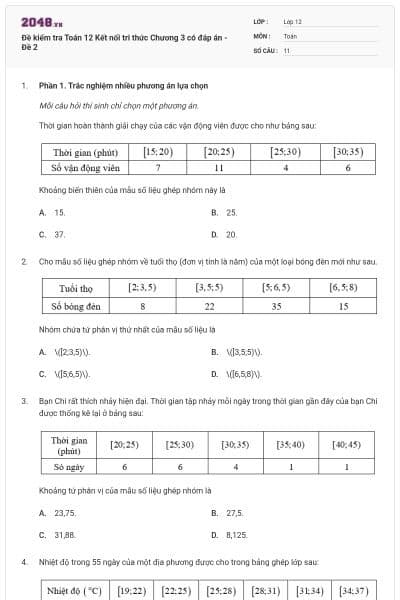 Đề kiểm tra Toán 12 Kết nối tri thức Chương 3 có đáp án - Đề 2