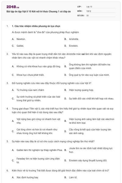 Bài tập ôn tập Vật lí 10 Kết nối tri thức Chương 1 có đáp án
