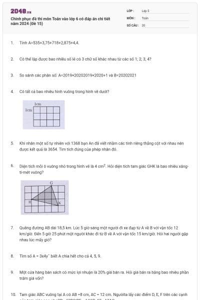 Chinh phục đề thi môn Toán vào lớp 6 có đáp án chi tiết năm 2024 (Đề 15)