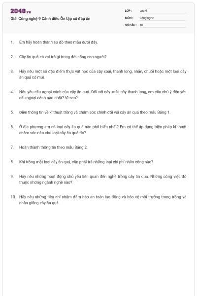 Giải Công nghệ 9 Cánh diều Ôn tập có đáp án