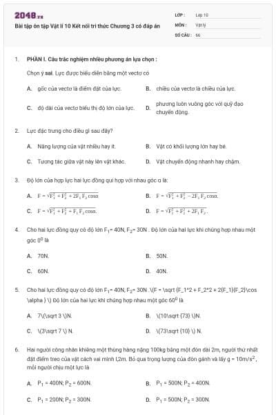 Bài tập ôn tập Vật lí 10 Kết nối tri thức Chương 3 có đáp án