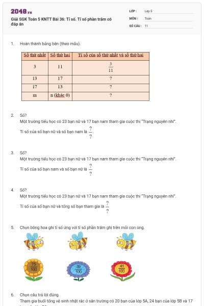 Giải SGK Toán 5 KNTT Bài 36: Tỉ số. Tỉ số phần trăm có đáp án