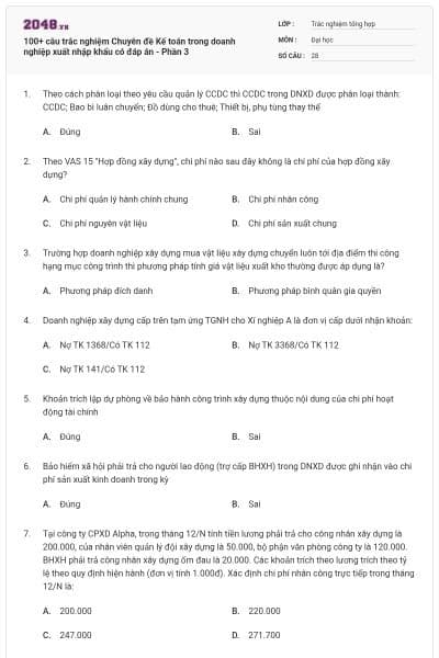 100+ câu trắc nghiệm Chuyên đề Kế toán trong doanh nghiệp xuất nhập khẩu có đáp án - Phần 3