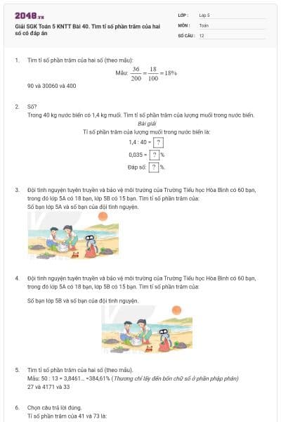 Giải SGK Toán 5 KNTT Bài 40. Tìm tỉ số phần trăm của hai số có đáp án