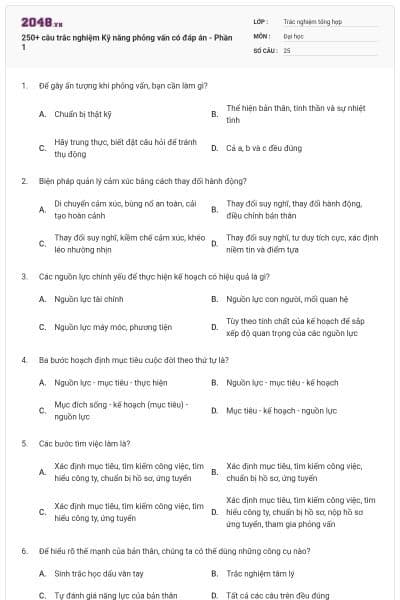 250+ câu trắc nghiệm Kỹ năng phỏng vấn có đáp án - Phần 1