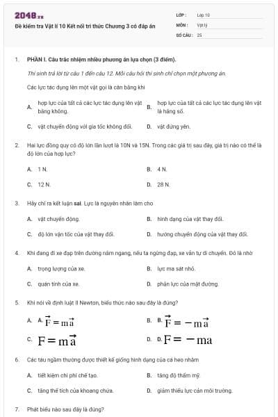 Đề kiểm tra Vật lí 10 Kết nối tri thức Chương 3 có đáp án