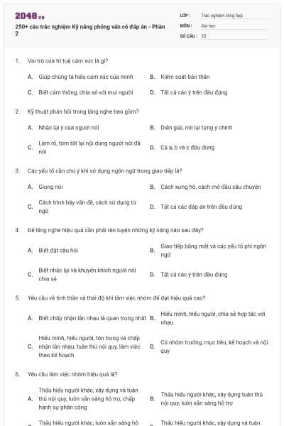 250+ câu trắc nghiệm Kỹ năng phỏng vấn có đáp án - Phần 2