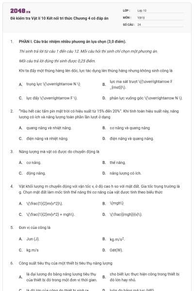 Đề kiểm tra Vật lí 10 Kết nối tri thức Chương 4 có đáp án