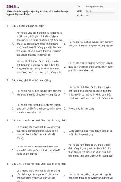 120+ câu trắc nghiệm Kỹ năng tổ chức và điều hành cuộc họp có đáp án - Phần 1