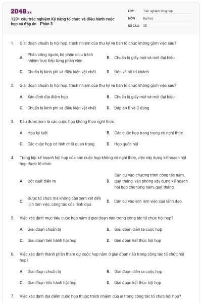 120+ câu trắc nghiệm Kỹ năng tổ chức và điều hành cuộc họp có đáp án - Phần 3