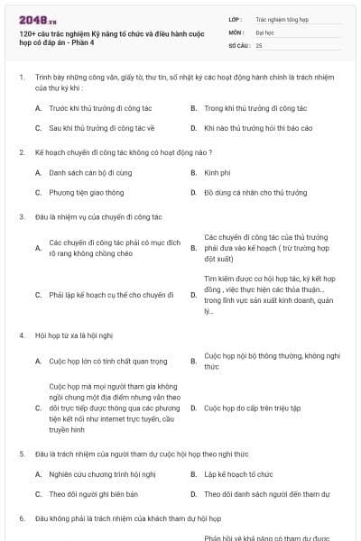 120+ câu trắc nghiệm Kỹ năng tổ chức và điều hành cuộc họp có đáp án - Phần 4