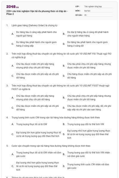 220+ câu trắc nghiệm Vận tải đa phương thức có đáp án - Phần 2