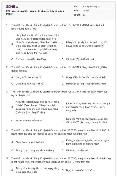 220+ câu trắc nghiệm Vận tải đa phương thức có đáp án - Phần 4