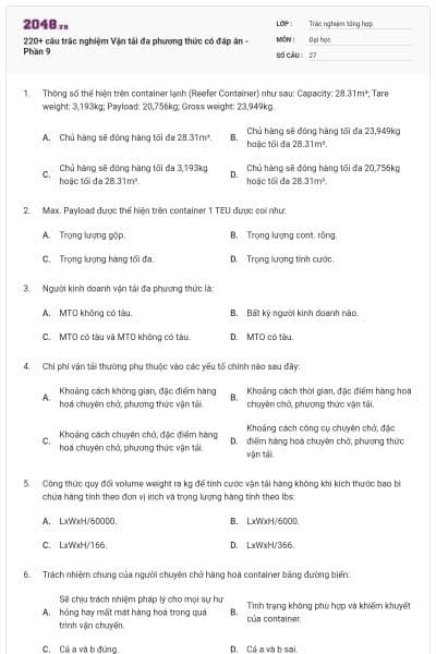 220+ câu trắc nghiệm Vận tải đa phương thức có đáp án - Phần 9