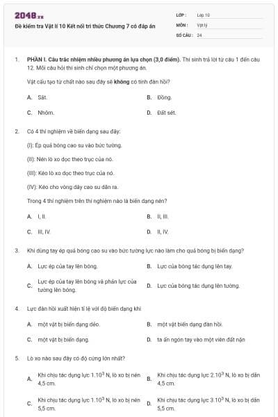 Đề kiểm tra Vật lí 10 Kết nối tri thức Chương 7 có đáp án