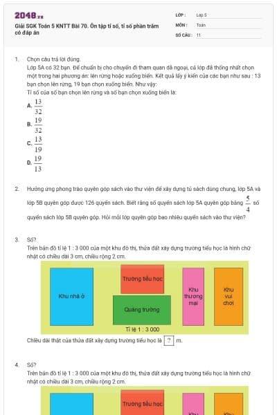 Giải SGK Toán 5 KNTT Bài 70. Ôn tập tỉ số, tỉ số phần trăm có đáp án