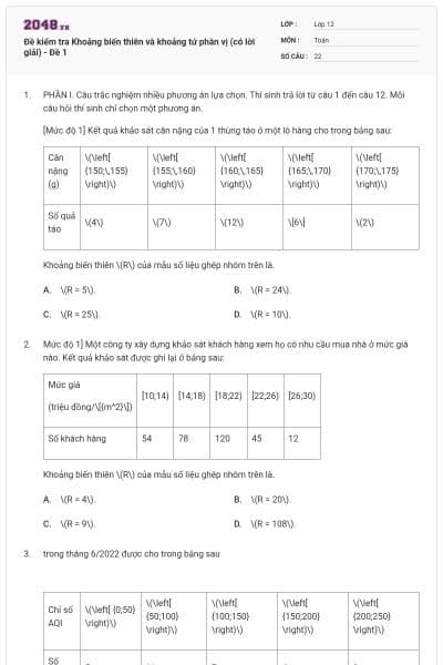Đề kiểm tra Khoảng biến thiên và khoảng tứ phân vị (có lời giải) - Đề 1