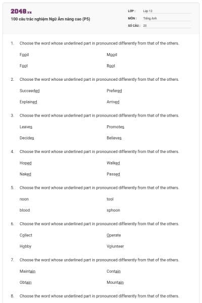 100 câu trắc nghiệm Ngữ Âm nâng cao (P5)