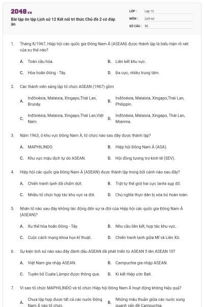 Bài tập ôn tập Lịch sử 12 Kết nối tri thức Chủ đề 2 có đáp án