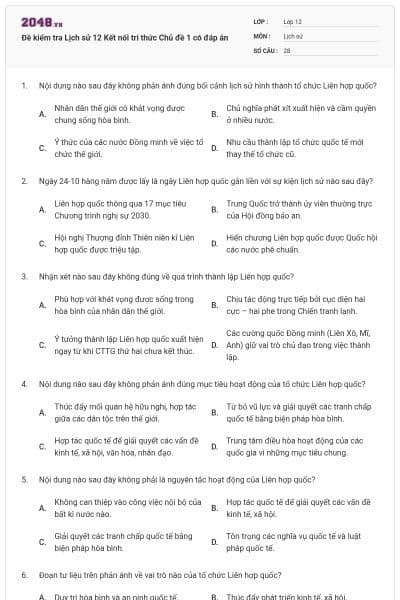 Đề kiểm tra Lịch sử 12 Kết nối tri thức Chủ đề 1 có đáp án