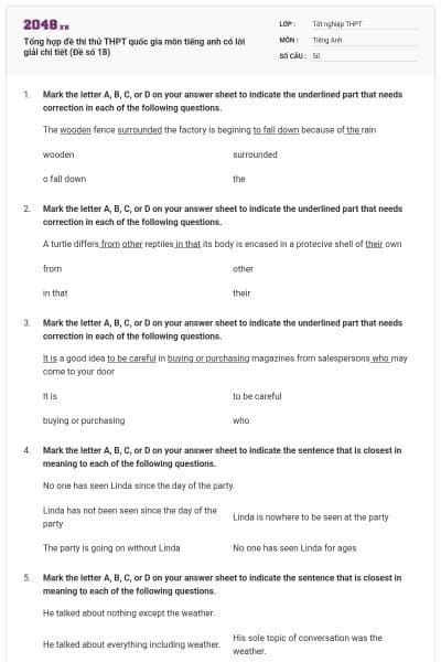 Tổng hợp đề thi thử THPT quốc gia môn tiếng anh có lời giải chi tiết (Đề số 18)
