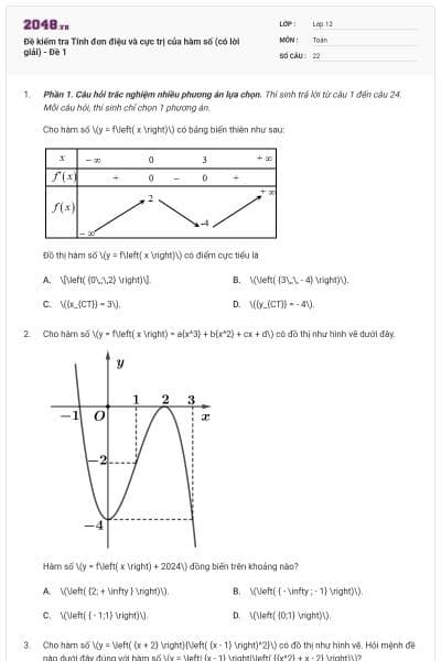 Đề kiểm tra Tính đơn điệu và cực trị của hàm số (có lời giải) - Đề 1