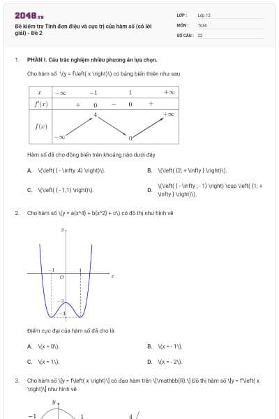 Đề kiểm tra Tính đơn điệu và cực trị của hàm số (có lời giải) - Đề 2
