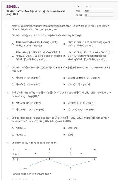 Đề kiểm tra Tính đơn điệu và cực trị của hàm số (có lời giải) - Đề 4