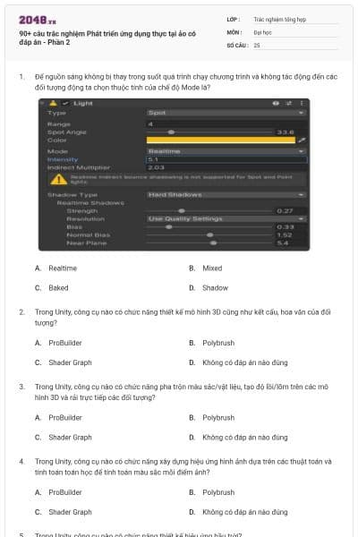 90+ câu trắc nghiệm Phát triển ứng dụng thực tại ảo có đáp án - Phần 2