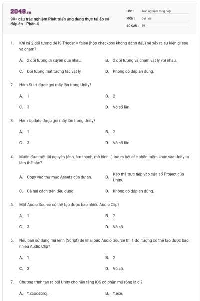 90+ câu trắc nghiệm Phát triển ứng dụng thực tại ảo có đáp án - Phần 4