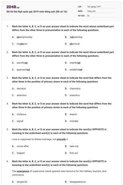 Đề thi thử thpt quốc gia 2019 môn tiếng anh (Đề số 16)