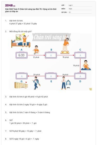 Giải SGK Toán 5 Chân trời sáng tạo Bài 78. Cộng số đo thời gian có đáp án