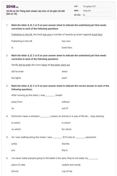20 Đề ôn thi Tiếng Anh chuẩn cấu trúc có lời giải chi tiết (Đề số 18)