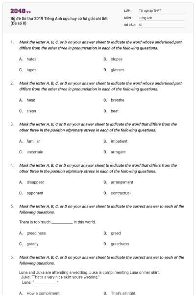 Bộ đề thi thử 2019 Tiếng Anh cực hay có lời giải chi tiết (Đề số 8)